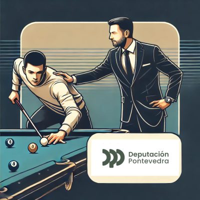 Hombre jugando billar con asesor, logotipo de Pontevedra.